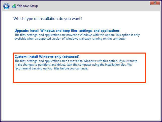Opción de instalación de Windows 11