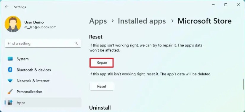 Opción de reparación de Microsoft Store