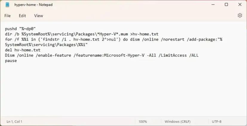 La secuencia de comandos de Windows 11 Home instala Hyper-V