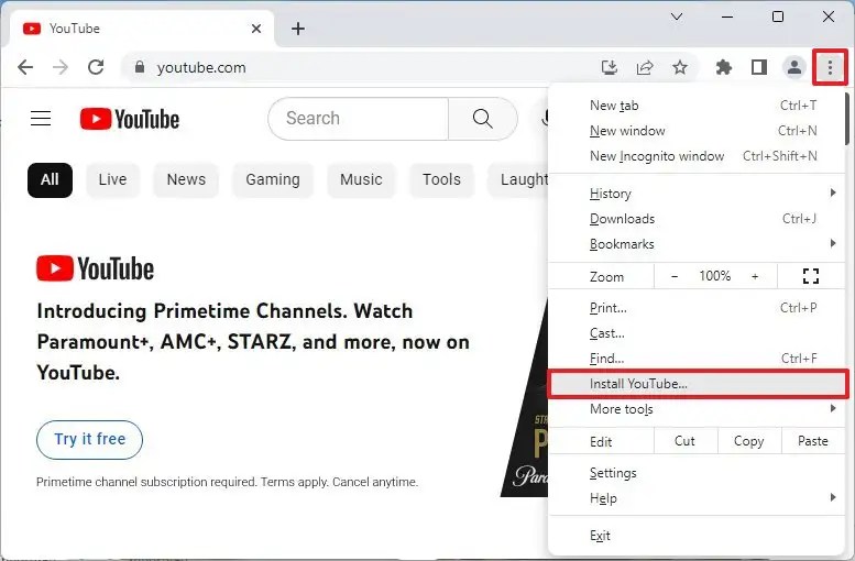Chrome instala la aplicación de YouTube