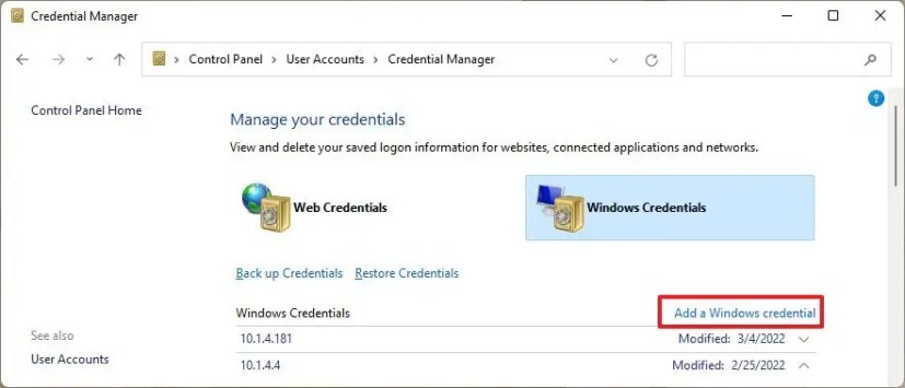Agregar la opción Credenciales de Windows