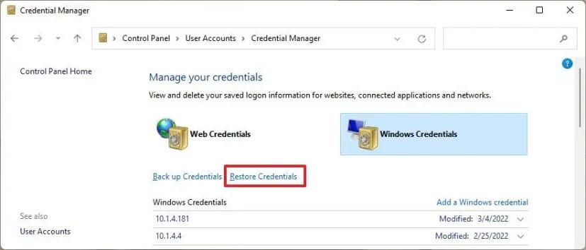 Opción de restauración de credenciales de Windows 11