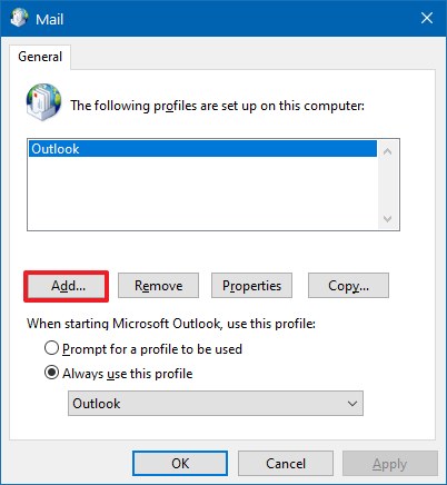 Opción para crear un nuevo perfil de Outlook
