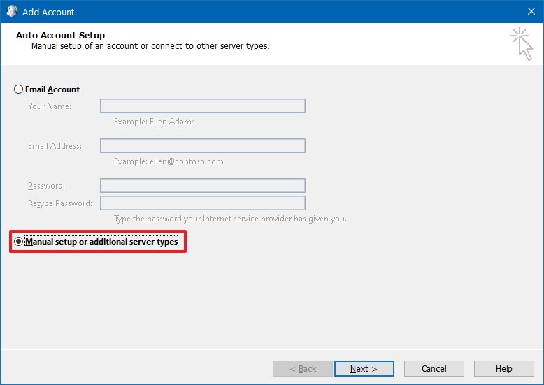 Opción para configurar su cuenta de Outlook manualmente