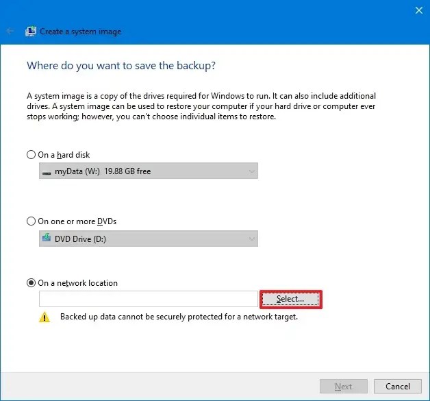 Ubicación de la red de copia de seguridad de Windows 10
