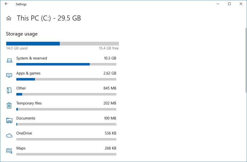 Configuración de uso de almacenamiento en Windows 10