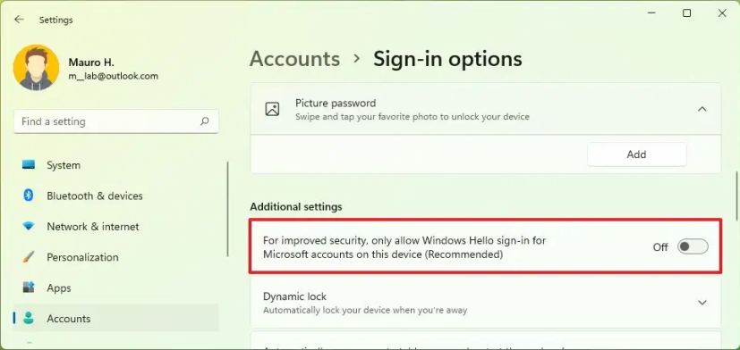 Desactivar PIN para cuentas de Microsoft