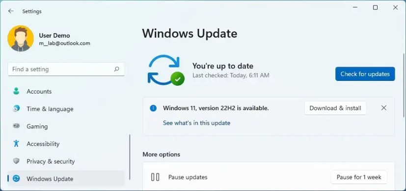 Descarga de Windows 11 22H2 a través de Windows Update