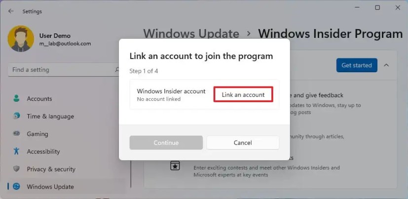 La cuenta de Microsoft registra el programa Insider