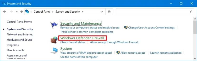 Firewall de Windows Defender en el Panel de control