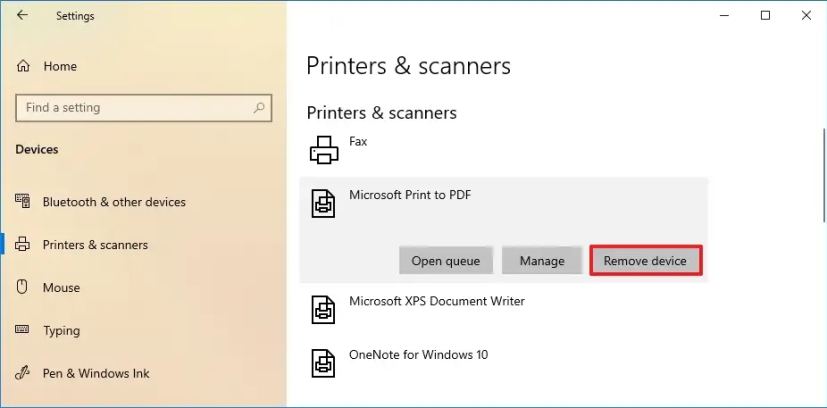 La configuración de Windows 10 elimina la impresora