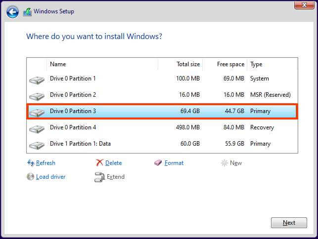 Delete partitions Windows 11 setup