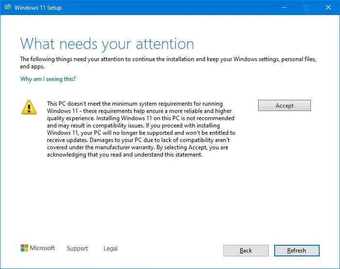 Windows 11 setup requirement warning