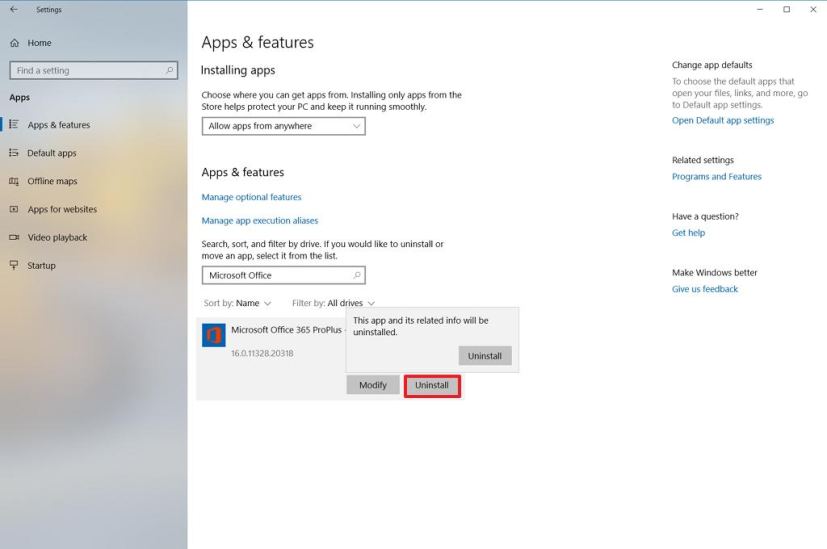 Desinstale Office usando la aplicación Configuración en Windows 10