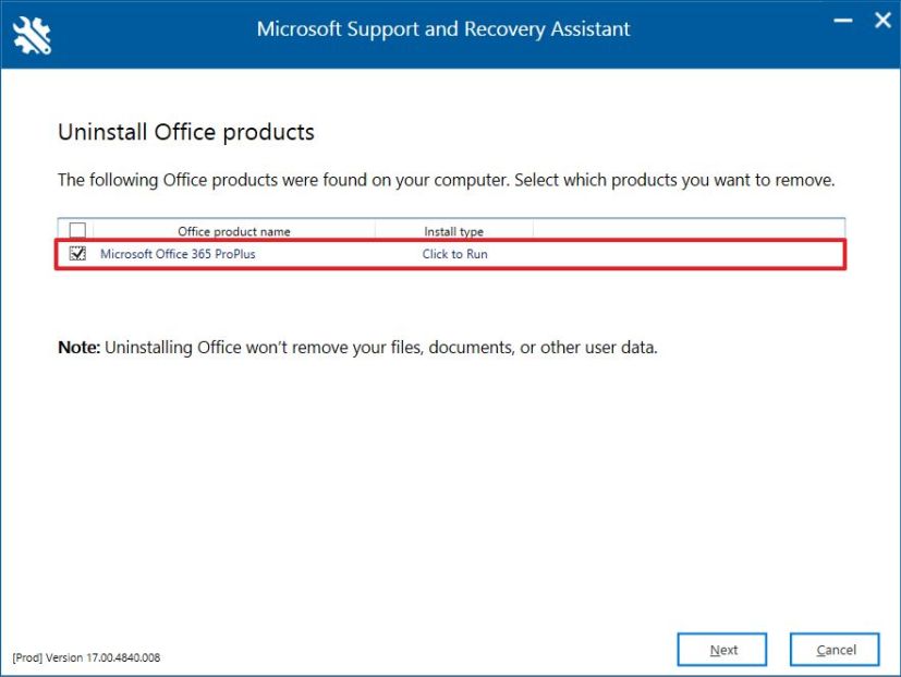 Seleccione Microsoft 365 Office para desinstalar