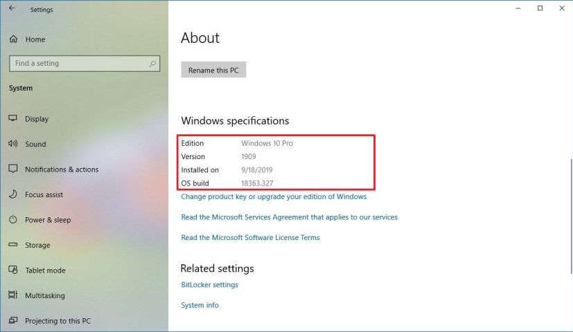 Verifique la versión 1909 de Windows 10 usando la configuración Acerca de