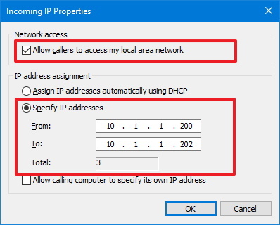 Propiedades de IP entrantes para acceso VPN