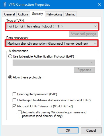 Opciones de seguridad de conexión VPN en Windows 10