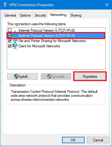 Opciones de conexión de red VPN en Windows 10