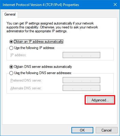 Propiedades TCP/IP de la conexión VPN en Windows 10