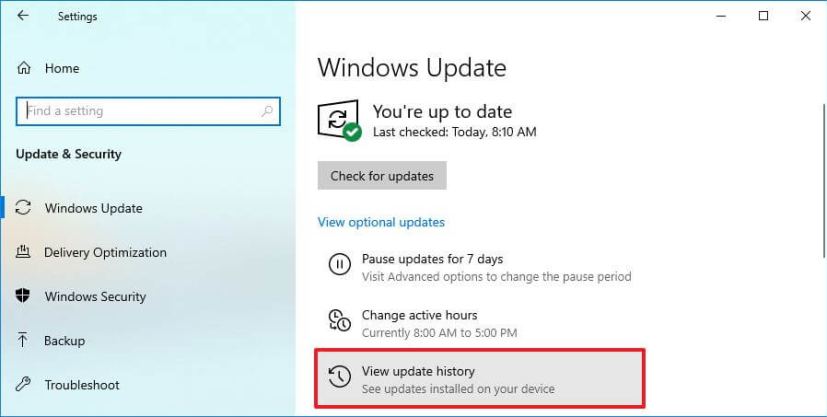 Opción para ver el historial de actualizaciones en Windows 10
