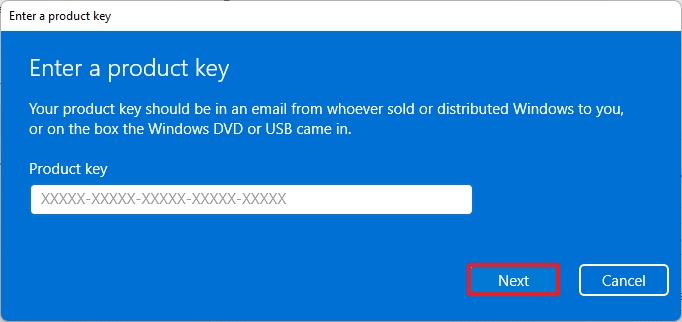 Ingrese su clave de producto de Windows 11