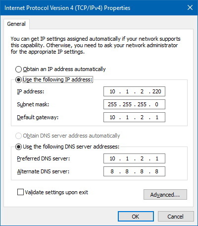 Propiedades del adaptador de red TCP/IPv4 de Windows 10