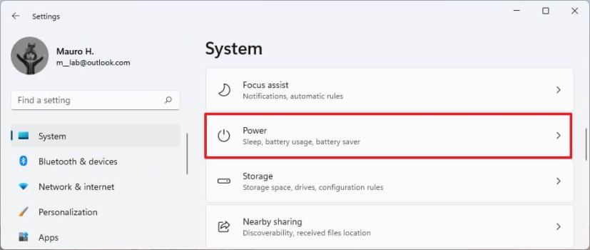 Power settings page