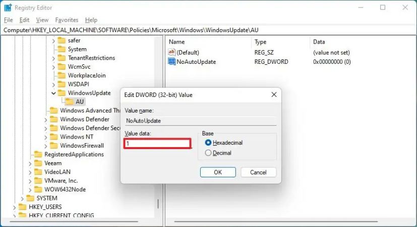 Windows 11 deshabilita las actualizaciones del Registro