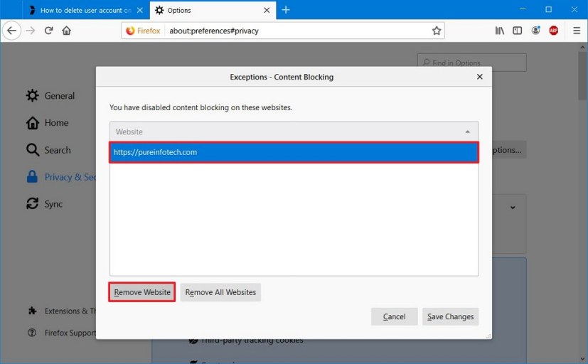 Firefox Content Blocking maneja las excepciones 