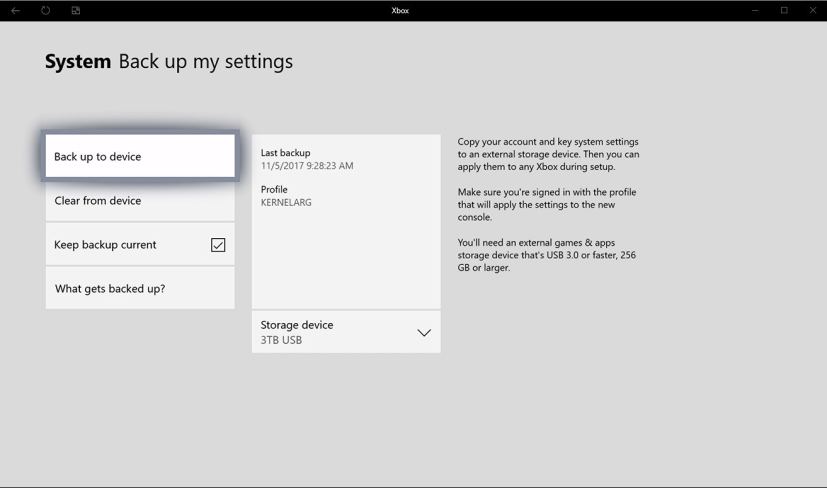 Opción de configuración de copia de seguridad en Xbox One