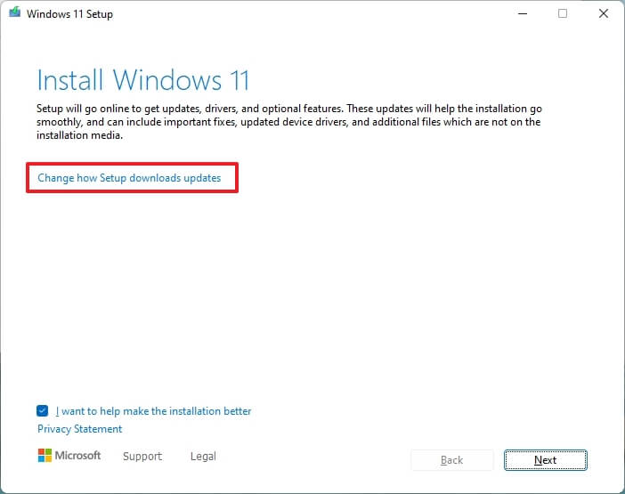 Opciones de actualización de configuración de Windows 11