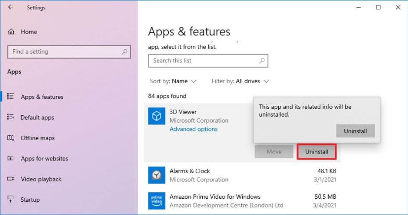 Windows 10 Settings uninstall app