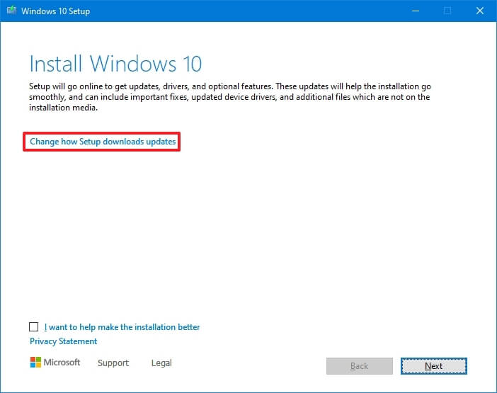 Windows 10 setup update options