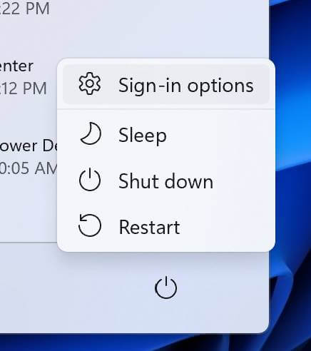 Power menu with Sign-in options