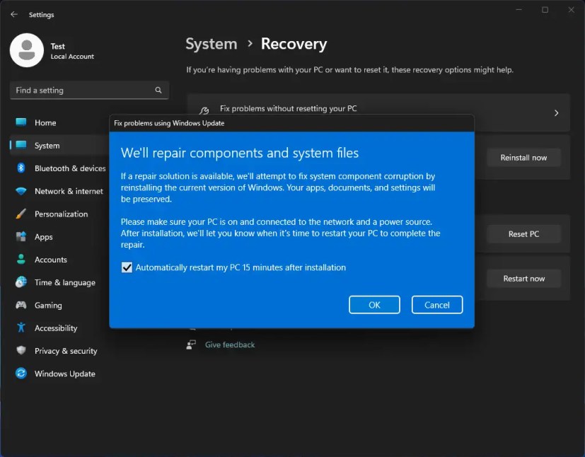 Nueva opción para reinstalar Windows 11