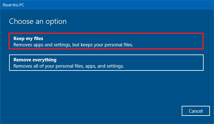 Restablecimiento de Windows 10: Conservar mis archivos