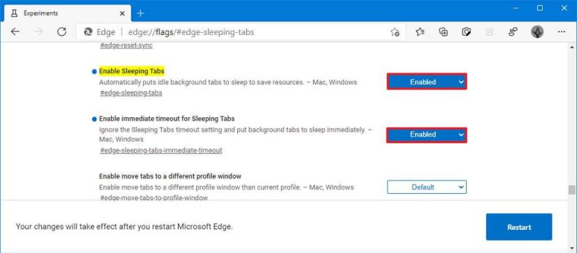Banderas de pestañas para dormir de Microsoft Edge