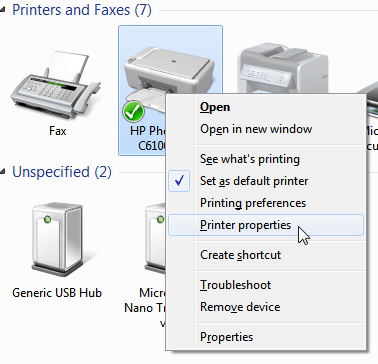 Propiedades de la impresora del menú de Windows