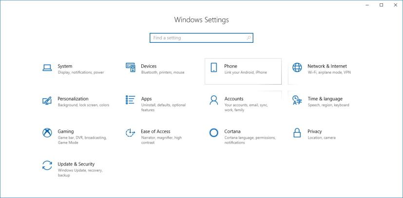 Settings app on Windows 10 version 1803