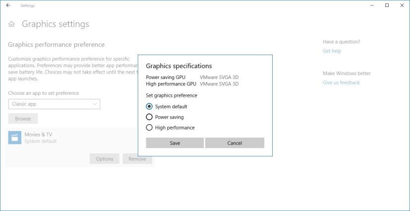 Graphics settings on Windows 10 Spring Creators Update
