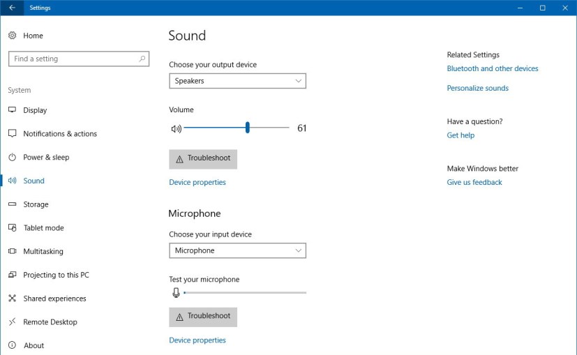 Sound settings Windows 10 version 1803