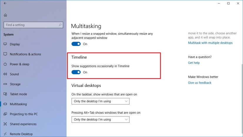 Multitasking settings page on Windows 10 version 1803