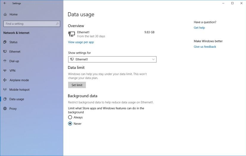 Data usage settings on Windows 10 version 1803