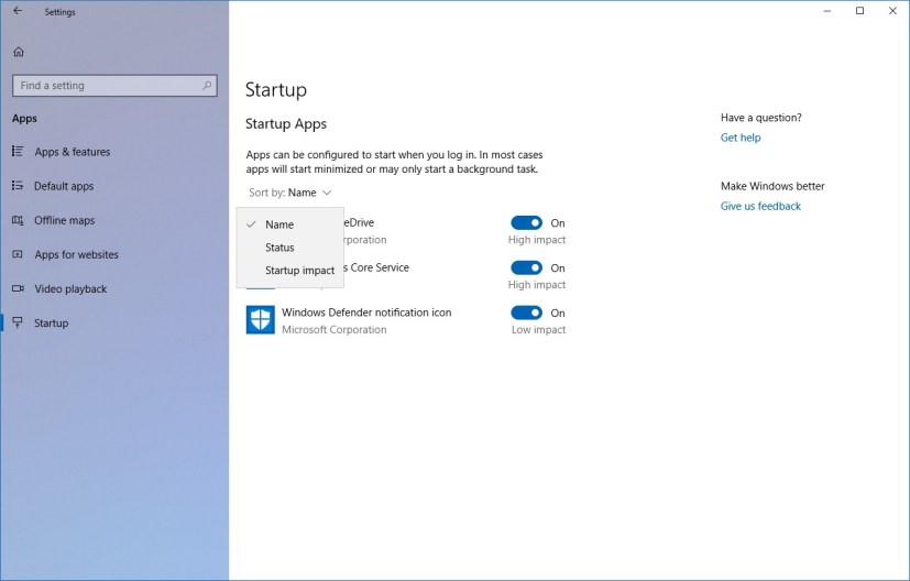 Startup app settings with sort menu