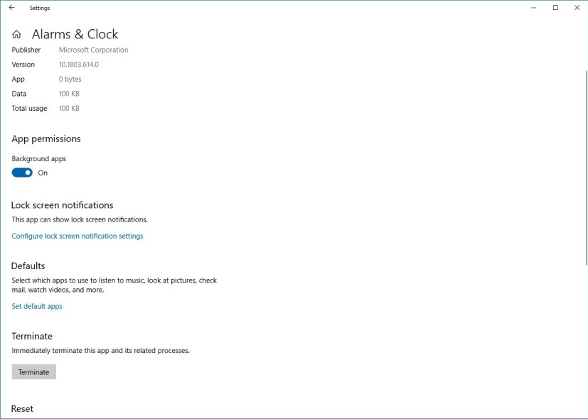 App advanced settings on Windows 10 Spring Creators Update