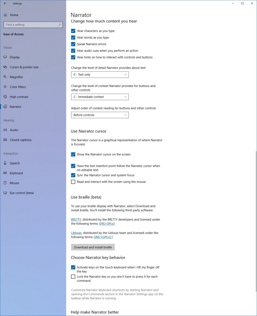 Narrator settings on Windows 10 version 1803 (part 2)