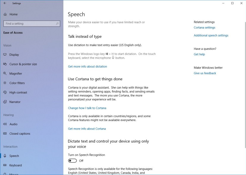 Speech settings on Windows 10 Spring Creators Update