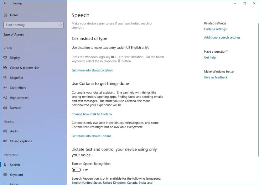 Speech settings on Windows 10 Spring Creators Update