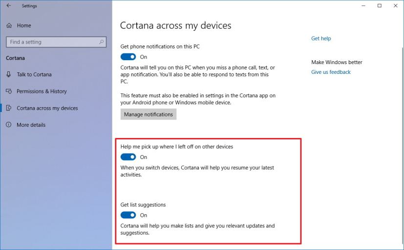 Cortana across devices settings for Windows 10 version 1803